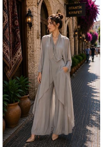 Bohem Stil Italyan Ipek Detaylı Oversize Kap Bluz- Wes Pantolon Takım Koyu Vizon