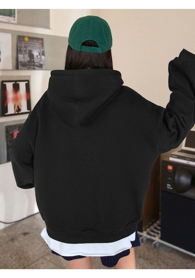 Nice Sweatshirt - Siyah Baskılı Oversize Kapüşonlu Siyah