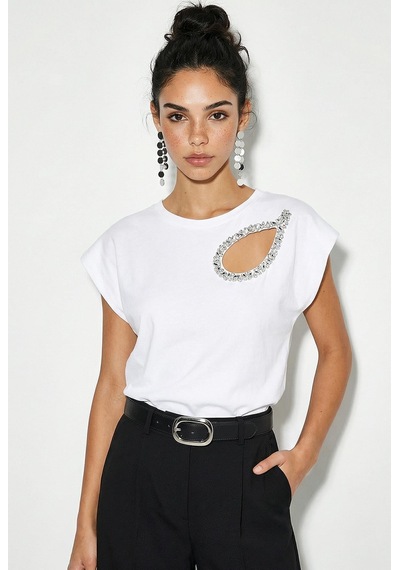 Shade Kadın Taş İşlemeli Vatkalı Omuz Detaylı Pamuk T-shirt 1075 60286066 - Beyaz L