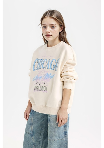 DeFacto Kız Çocuk Relax Fit Bisiklet Yaka Baskılı Sweatshirt D7046A824WNER99 Ekru