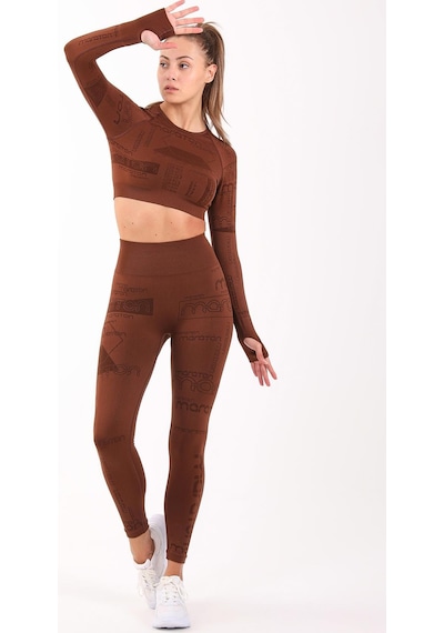 Maraton Active Slimfit Kadın Bisiklet Yaka Uzun Kol Koşu Sepya Crop Top 816025 Kahverengi
