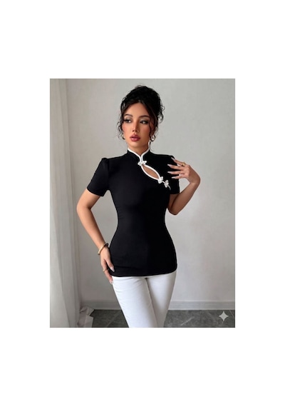 Butik İstanbul Kadın Beyaz Şerit Detaylı Dar Kesim Dik Yaka Bluz Siyah