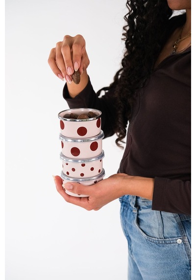 Emaylabxpeppythings Cherry Emaye 4 Lü Kapaklı Kase Çerezlik, Kahvaltılık, Reçellik, Zeytinlik, Sunumluk Seti 8cm 200 Ml Pembe - Bordo