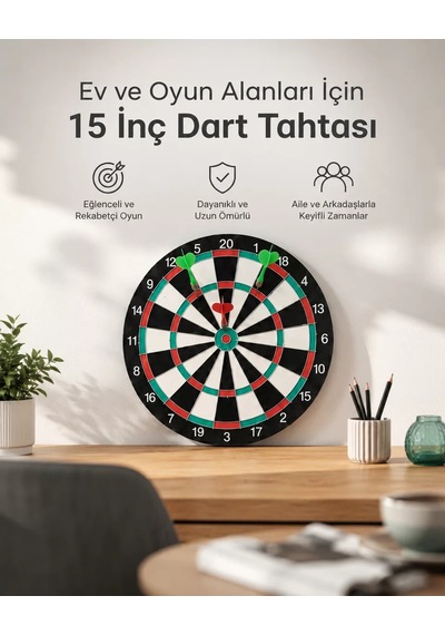 Northcity 15 İnç Büyük Boy Dart Tahtası Ev Oyun Seti 4 Adet Metal Uç Oklu - Ahşap Gövde Ve Kurulum Aparatı İle