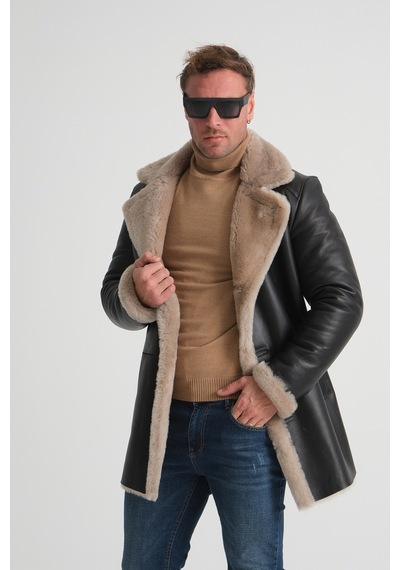 M M Marki Marki Lüks Erkek Deri Kaban, 90 Cm Uzunluk, Hakiki Kürk Yaka, Premium Siyah Dış Yüzey - 500522