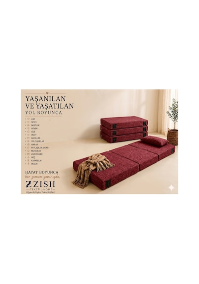 Zishome Tek Kişilik Multipurpose 5 İn 1 Bordo Çift Kişilik Katlanır Süngerli Misafir Yer Yatağı Ve Minder 7cm