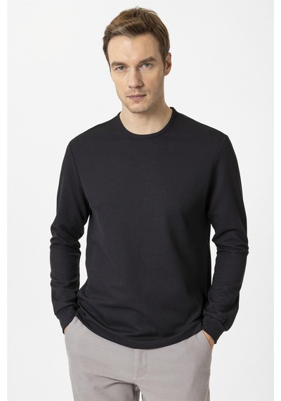 Süvari Siyah Slim Fit Armürlü Bisiklet Yaka Sweatshirt
