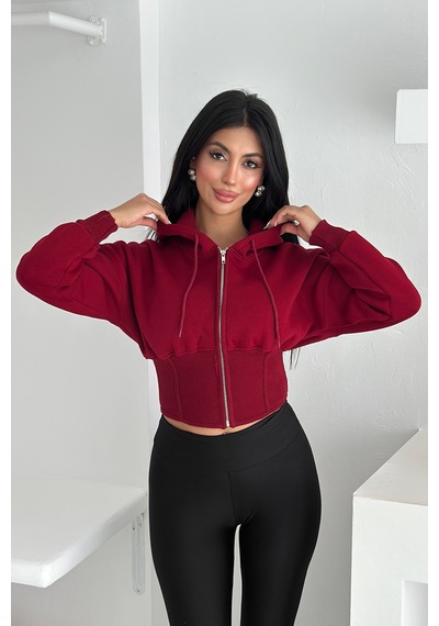 Kadın Siyah Fermuarlı Hoodie Minimal Sokak Ruhuyla Bordo