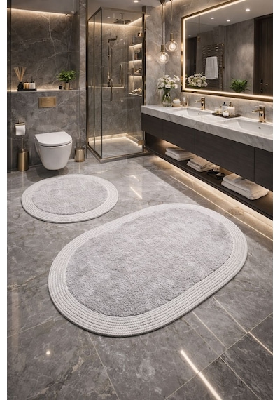 Melena Carpet Premium Kaymaz Taban Peluş Banyo Paspası Seti Jüt Kenar Detaylı 2 Li Oval Yuvarlak 100x60 60x60 Açik Gri