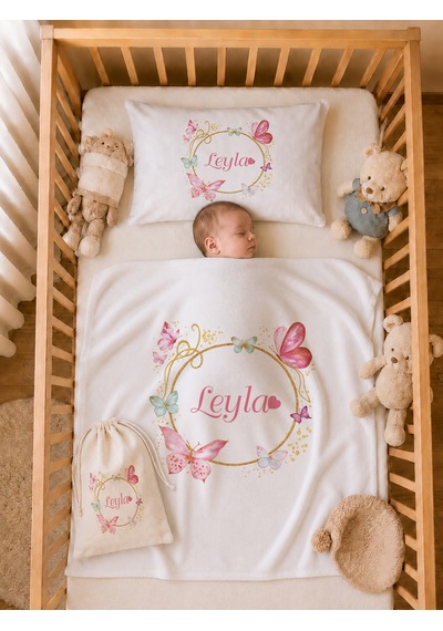 Pia Baby İsme Özel %100 Pamuk Kız Bebek Yastık Battaniyeli Tulum Set Kese Hediyeli 1077tybkyx Krem