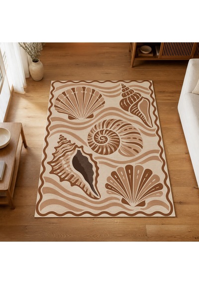 Kartela Halı Deniz Kabuğu Desenli Halı Bakır Kaymaz Taban Makinede Yıkanabilir Salon Halısı 60x90 Cm