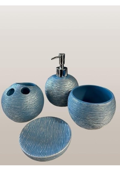 4 Parçalı Banyo Aksesuar Seti - Mavi Seramik Siyah