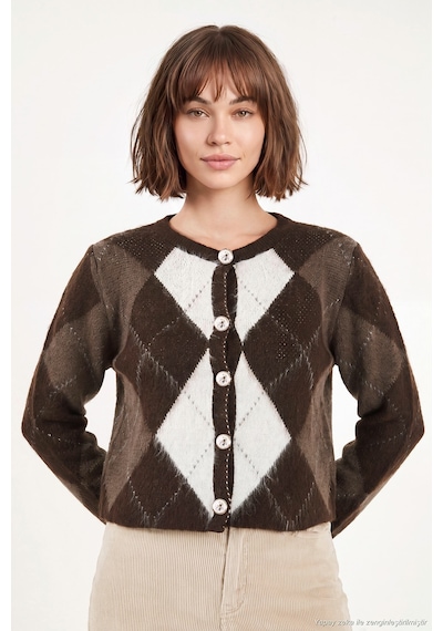 Lela Regular Fit Bisiklet Yaka Baklava Desenli Düğmeli Crop Hırka Kadın Hırka 4615570 Kahve