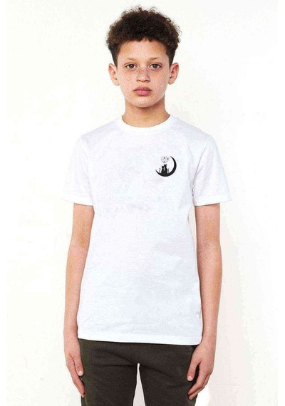 Tshirthane Kediler Aşk Ay Yıldızlar Göğüs Baskılı Unisex Çocuk Beyaz T-Shir