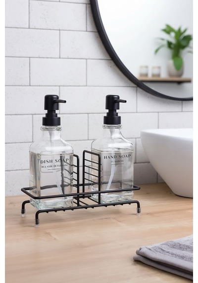 Buççin Online Mağaza Stantlı Kare İkili Cam Sabunluk Seti Şık Mutfak Ve Banyo Sıvı Sabunluk Siyah - Beyaz Metal Stand C Çok Renkli