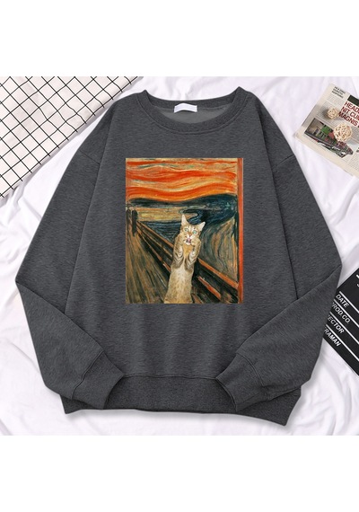 Startmore Startmorerahat Sokak Kadın Kazak Yağlıboya Cat's Catbaskı Hoody Rahat Polar Kazak Gevşek Sıcak Kadın S Antrasit