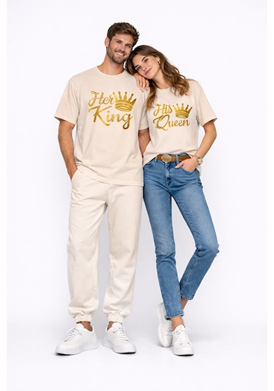 King Queen Sevgili Kombini Oversize Çift Tişört Unisex Partner Ko Bej