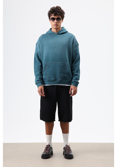 Vamos Oversize Nakış Detaylı Hoodie Nefti Yeşil