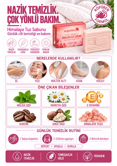 Organicsun Himalaya Tuz Sabunu 120 Gr X 2 Adet Köpüren Formül - Zengin Doğal Mineralli Pembe Himalaya Kaya Tuzu Sabunu