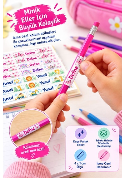 290 Adet İsme Özel Kalem Etiketi 4x1 Cm Kuşe Parlak Kız Erkek Model Okul Etiketi Kesilmemiş Kuşe Çok Renkli