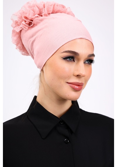 Loggia Fırfırlı Dikişsiz Penye Bone Pembe - Kadın Tesettür Bağlamalı Topuz İç Bone Pudra Pembe