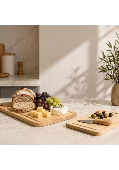 Bambu 2'li Kesim Panosu Seti, 16x26 Cm Ve 20x30 Cm Doğal Bambu Kesim Tahtası, Oluklu Kenarlı Askı Delikli Mutfak Do Diğer