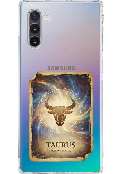 Samsung Galaxy Note 10 İle Uyumlu Burç Kartları Boğa Tasarımlı Şeffaf Silikon Kılıf Şeffaf