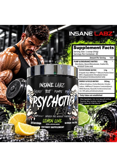 Insane Labz Psychotic Test Energy Pump Boosting Preworkout Dmae Bitartrate D-aspartic Acid Creatine Aromalı