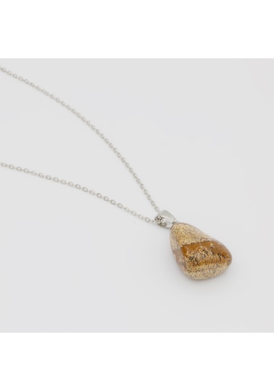 Doğal Odun Jasper Taşı Kolye Kahverengi Doğal Taş Metal Zincir Kolye