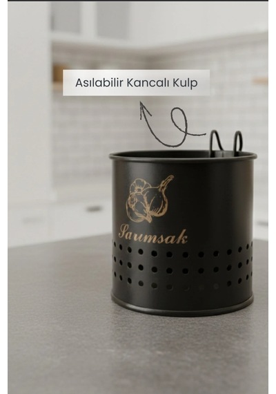 Metal Lüx Asılabilir Siyah Sarımsaklık Kovası Sarımsak Saklama Kabı