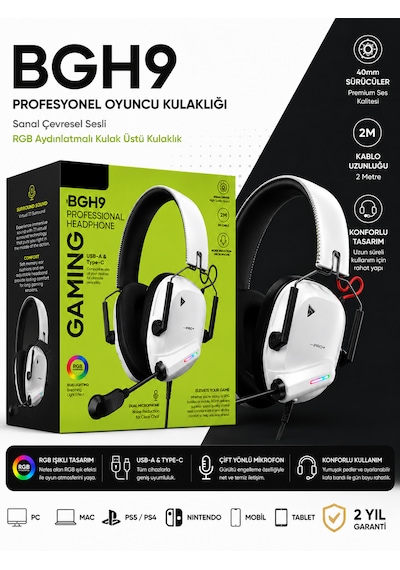 Rgb Işıklı Oyuncu Kulaklığı Sanal 7.1 Çevresel Ses Gürültü Önleyici Kulak Üstü Headset