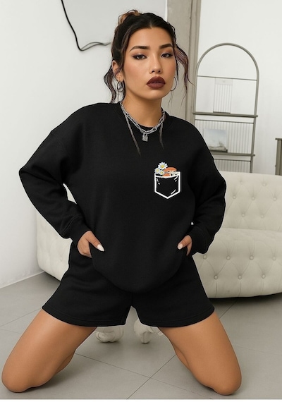 Benroma 3 İplik Penye Papatya Baskılı Unisex Sweatshırt SIYAH