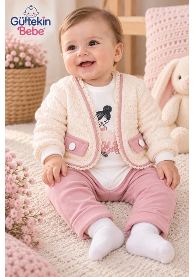 Mini Pakel Örme Desenli Kız Üçlü Takım 3-12 Aylık -dü1495380 - Pembe