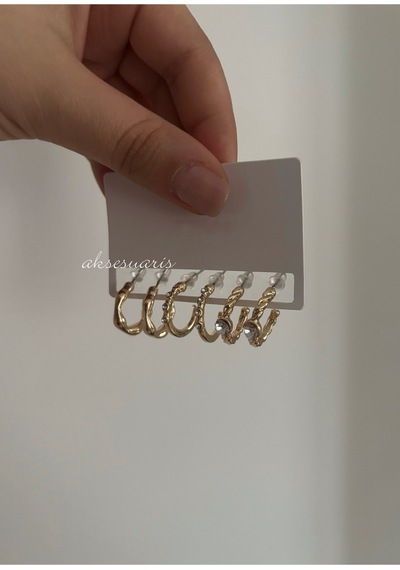 Minimal Halka Küpe Seti Taş Detaylı Vintage Burgu Kadın Küpe Kombini 6 Lı Çoklu Küpe Seti Altın Altın