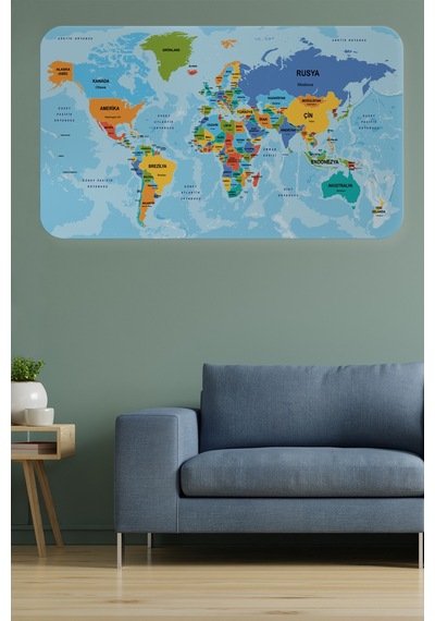 Türkçe Eğitici Ülke Ve Başkent Detaylı Atlası Dünya Haritası Duvar Sticker -60x105-3831 Çok Renkli