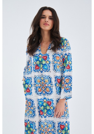Peraluna RIA CAFTAN Çini Desenli Derin Yırtmaçlı Saten Kadın Kaft Çok Renkli