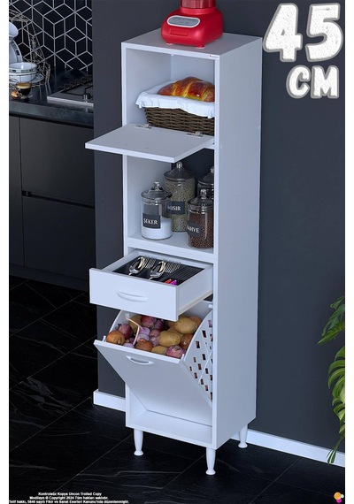 Meva 45 Cm Sepetli Çok Amaçlı Beyaz Mutfak Kiler Banyo Dolabı 45x163x32 Cm