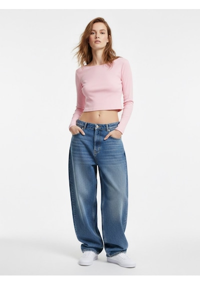LTB Uzun Kollu Bisiklet Yaka Crop Pembe Sweatshırt Pembe