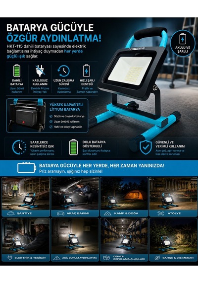 Haktaş Hkt115 Akülü Şarjlı Led Çalışma Lambası 20w 1150 Lümen Taşınabilir Projektör Beyaz