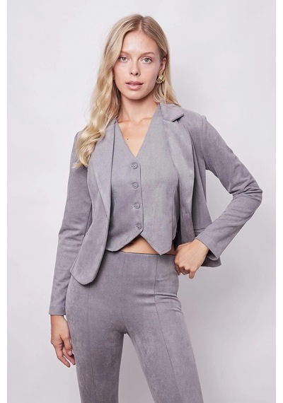Kadın Kadife Likralı Yumuşak Dokulu Flato Cepli Uzun Kol Düğmeli Blazer Mono Ceket-gri Gri