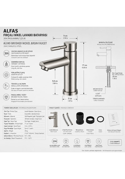 Alfas Lavabo Bataryası İnox Fırçalı Nikel 304 Paslanmaz Çelik Aç Kapa Banyo Bataryası 17x9cm Inox