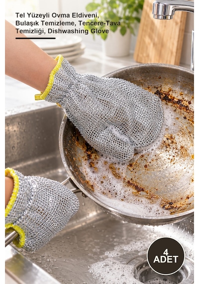 4 Adet Telli Bulaşık Eldiveni Tel Yüzeyli Ovma Eldiveni, Bulaşık Temizleme, Tencere-tava Temizliği, Dishwashing Glove