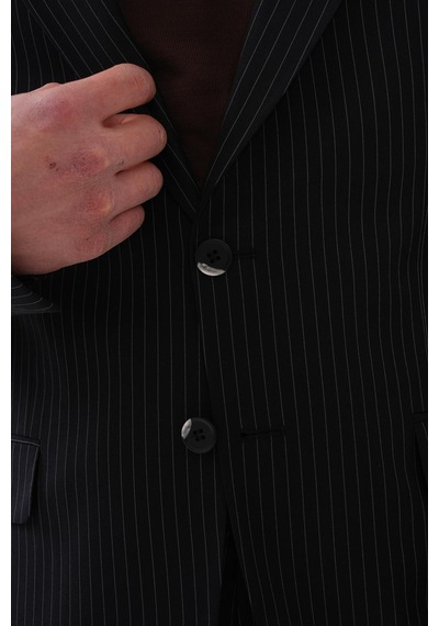 Dupont Classics Dupont Slim Fit Mono Yaka 6 Drop Çift Yırtmaç Çizgili 2'li Takım Elbise Siyah
