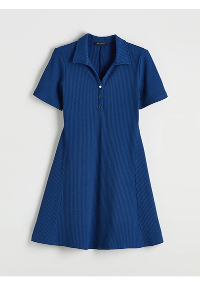Lc Waikiki Lacivert Polo Yaka Fitilli Peplum Mini Elbise