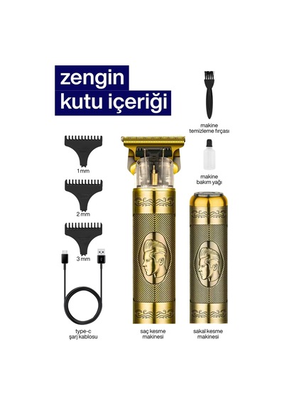 2'li Profesyonel Şarjlı Saç, Sakal Tıraş Ve Bakım Seti Type-c Şarjlı, 3 Başlıklı Kuaför Makinesi