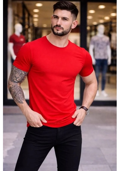 Veraura Lifestyle Erkek T-shirt Bisiklet Yaka Slim Fit Dar Kesim Likralı Tişört Günlük Basic Body - Kırmızı