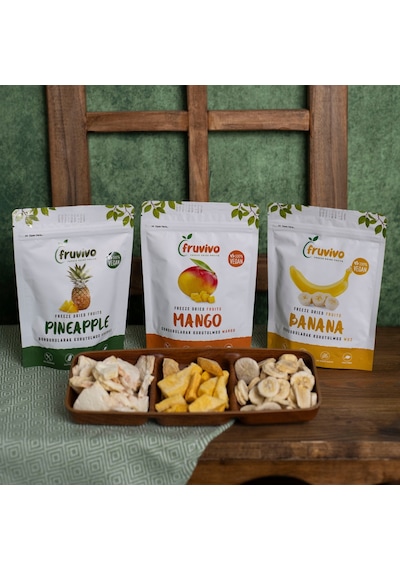 Fruvivo 3'lü Freeze Dry Paket - Ananas + Mango + Muz Tropikal Mix - Dondurularak Kurutulmuş Meyve Cipsi Şeker İlavesiz %100 Doğal Vegan 70 G
