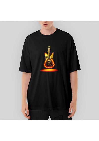 Electro Guitar Fire Oversize Siyah Tişört Siyah