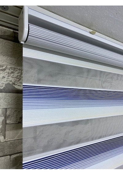 Mavi Gri Mini Plise Zebra Perde (Etekli)