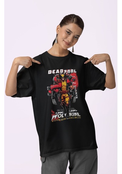 Deadpool Wolverine Film Kahramanları Baskılı Unisex Oversize Tişö Siyah